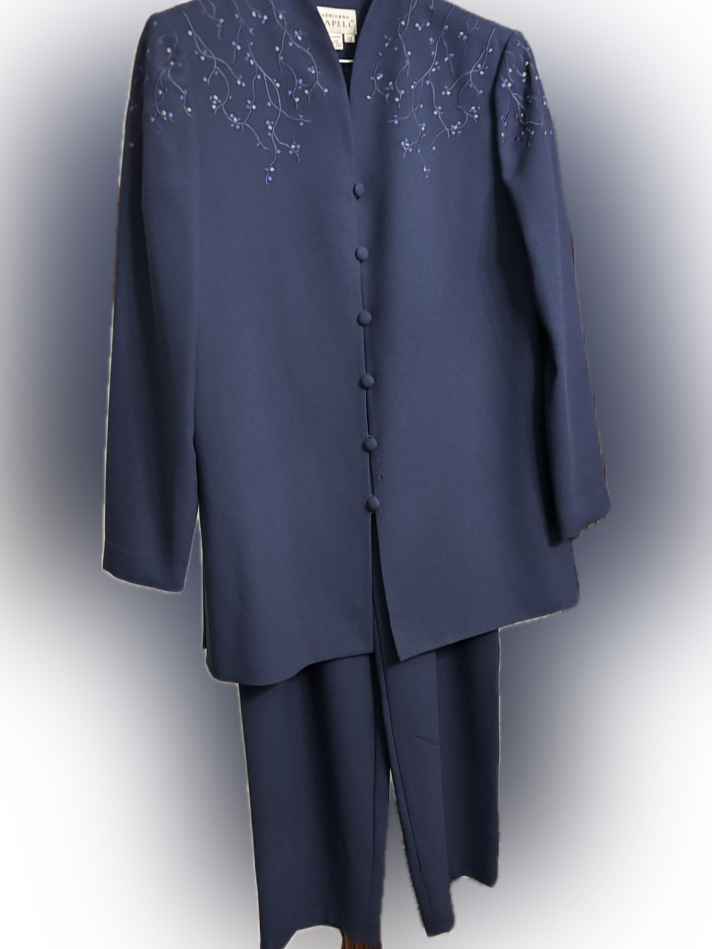 Classy Adrianna Papell Navy Embroidered Jacket and Pant Suit Size 10